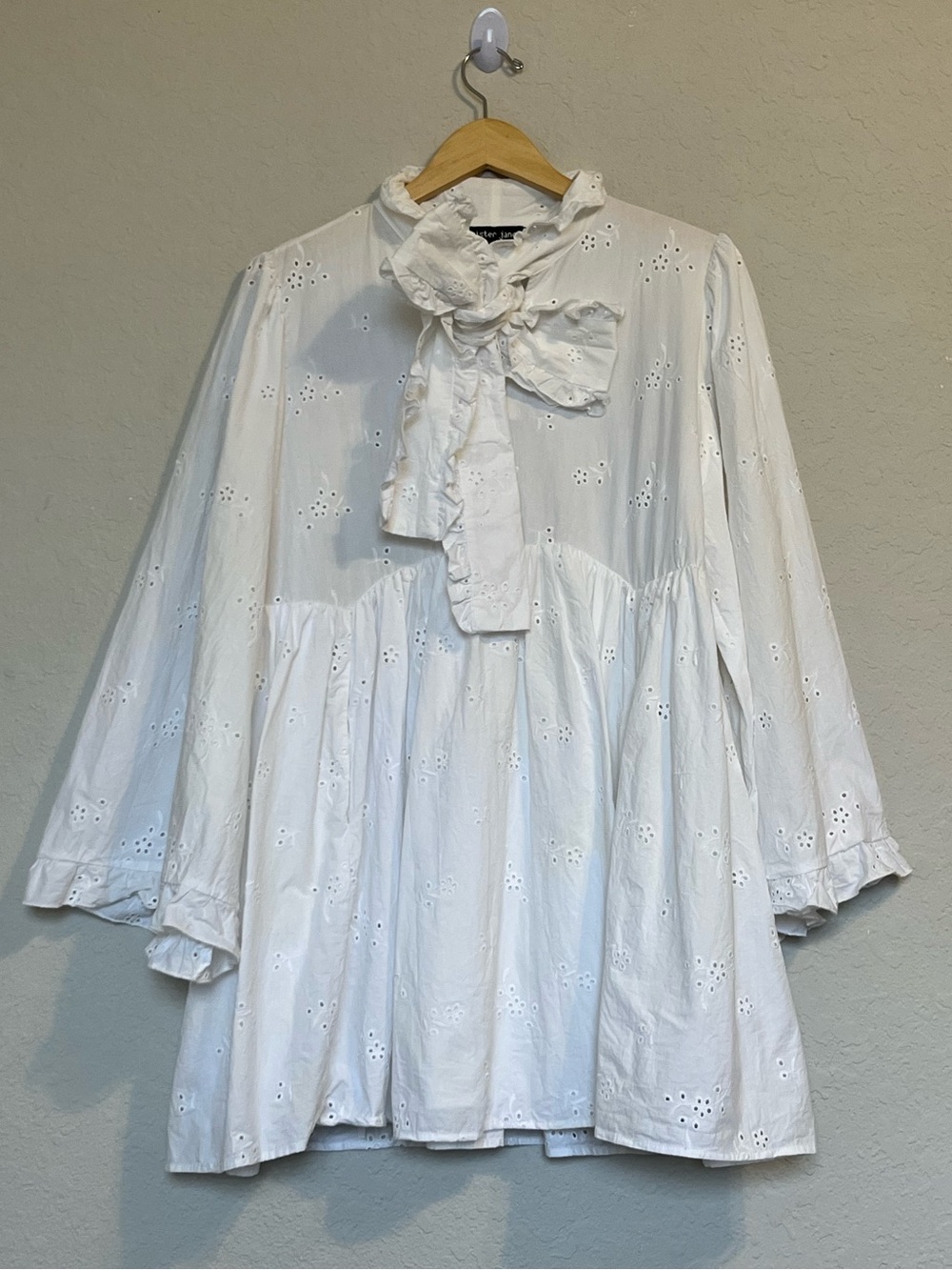 Sister Jane White Eyelet Bow Mini Dress Bell Sleeve Bridal L XL Coquette Girly